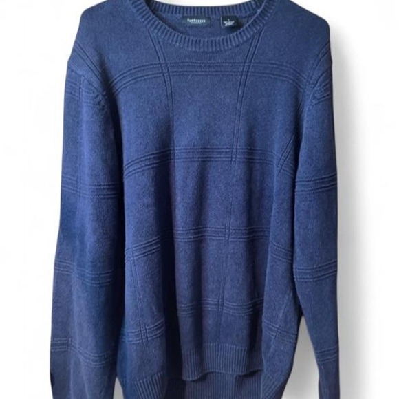 Other - Van Heusen Vintage Textured Grid Knit Crewneck Sweater Navy Blue Cotton Large L
